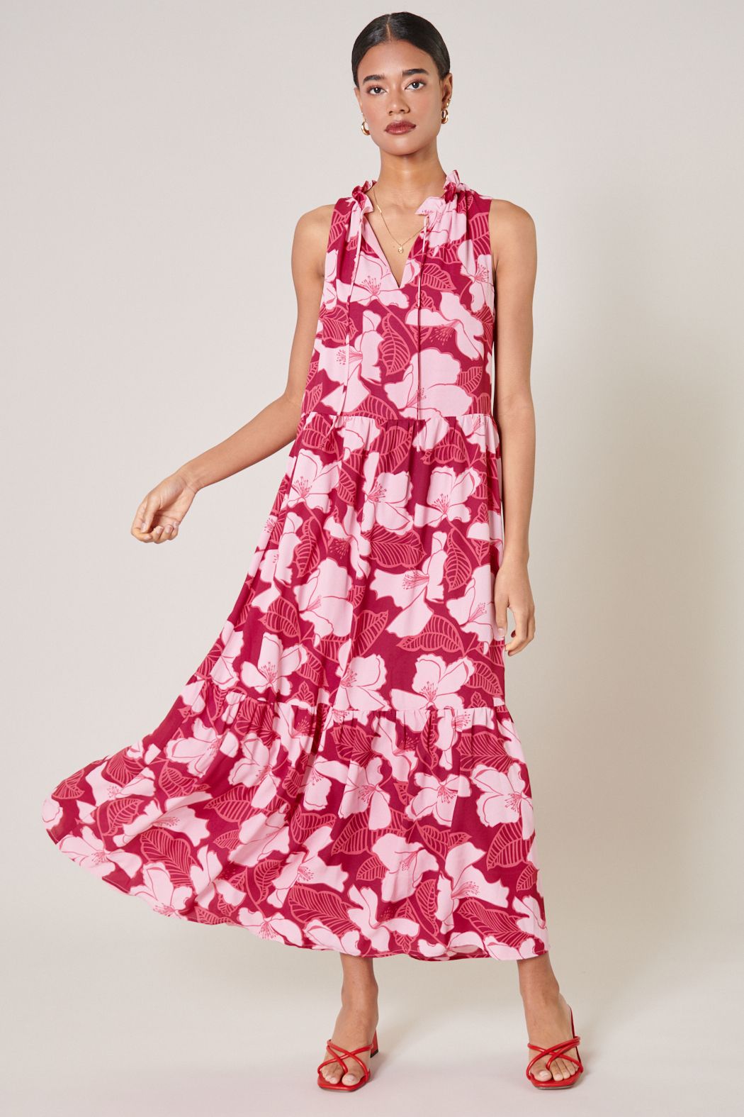 Ginger Berry Split Neck Tiered Maxi Dress - A603