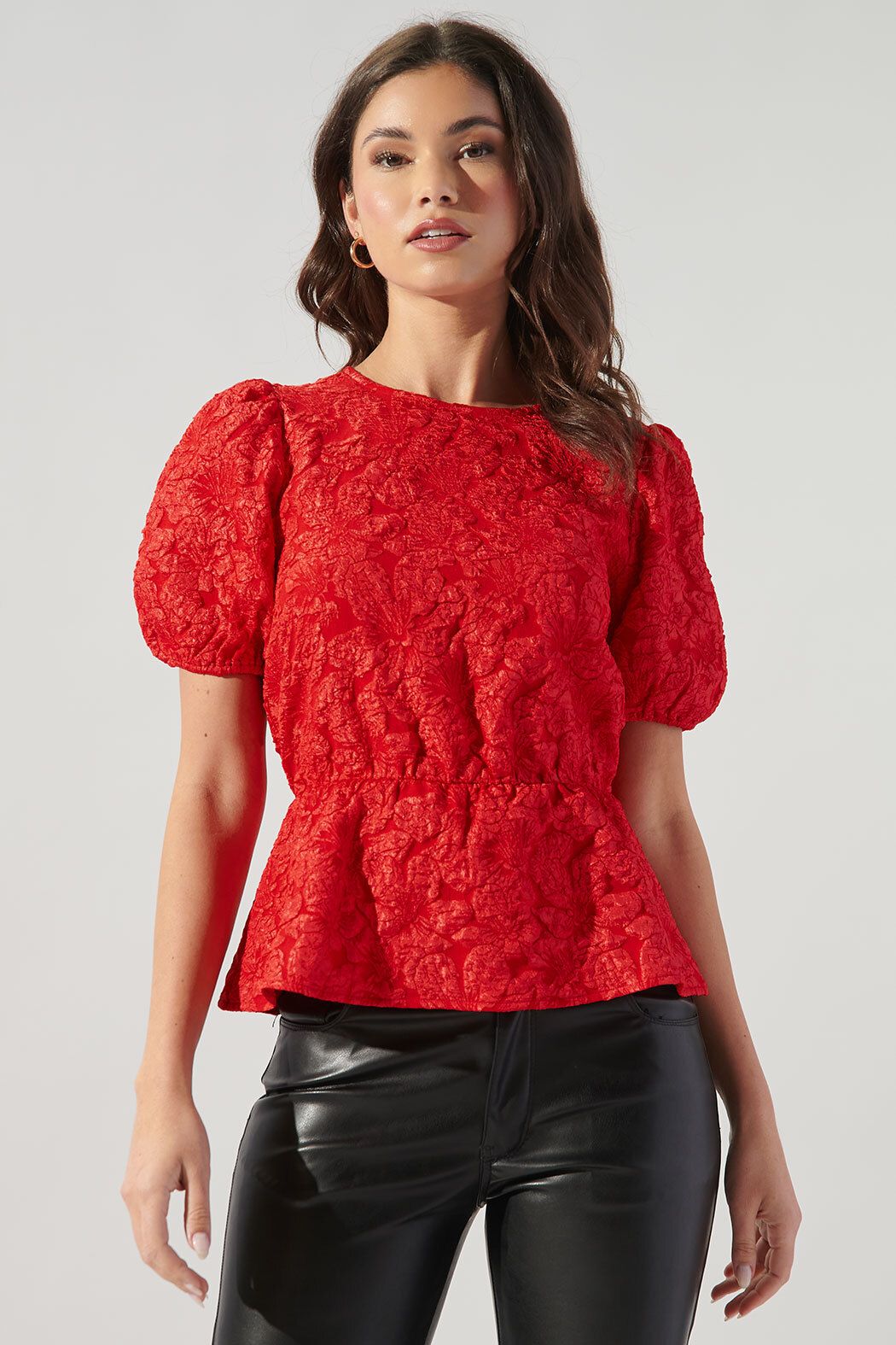 Nohemi Embossed Floral Puff Sleeve Peplum Top - A523