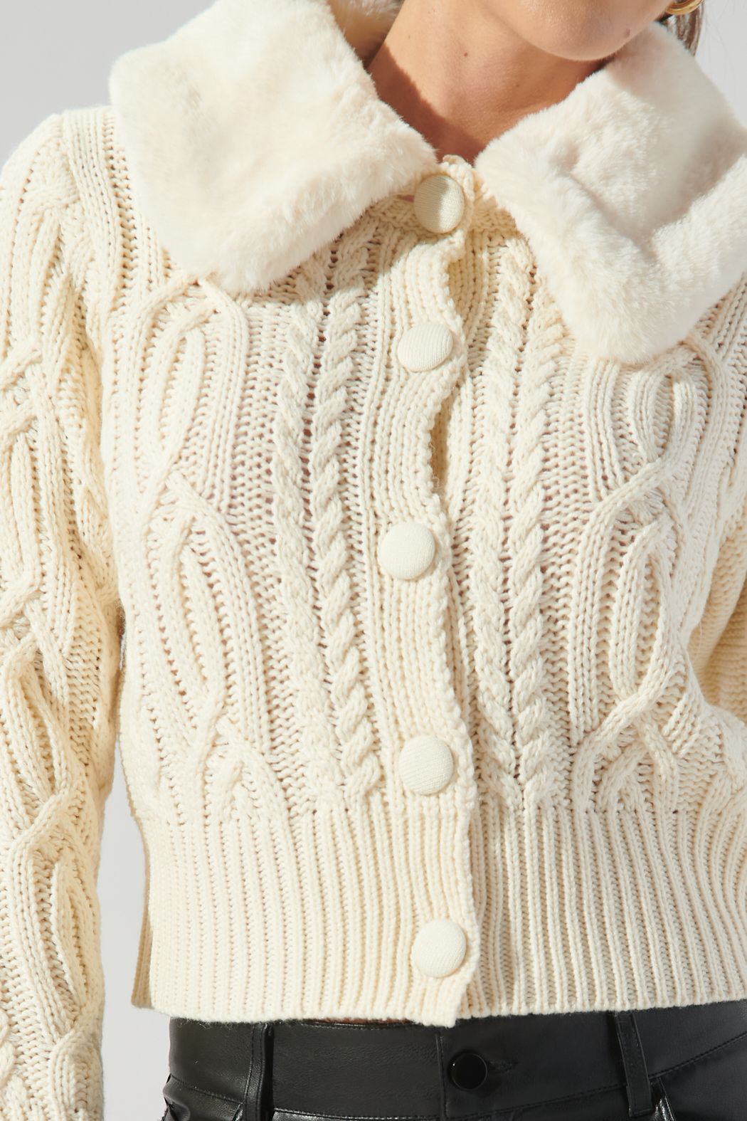 In a Flurry Cable Knit Fur Collar Cardigan - 589B