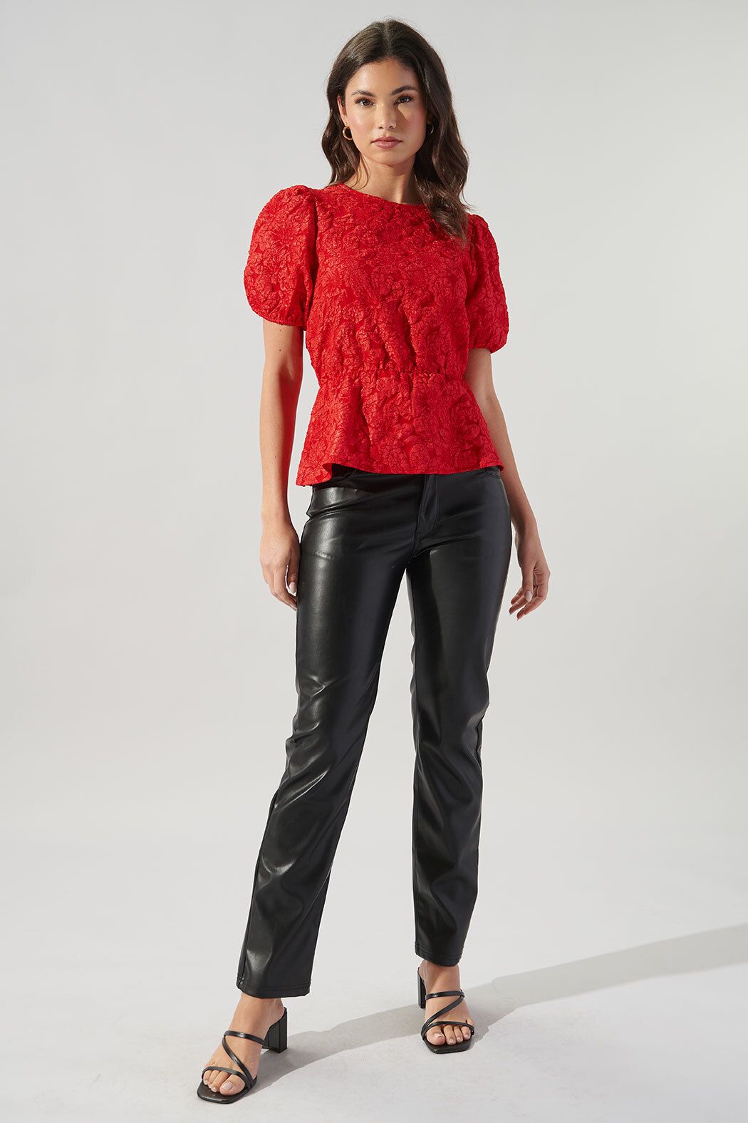 Nohemi Embossed Floral Puff Sleeve Peplum Top - A523