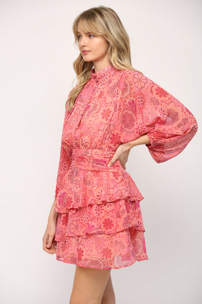 PRINTED CHIFFON WITH LUREX TIERED RUFFLE DRESS -804E