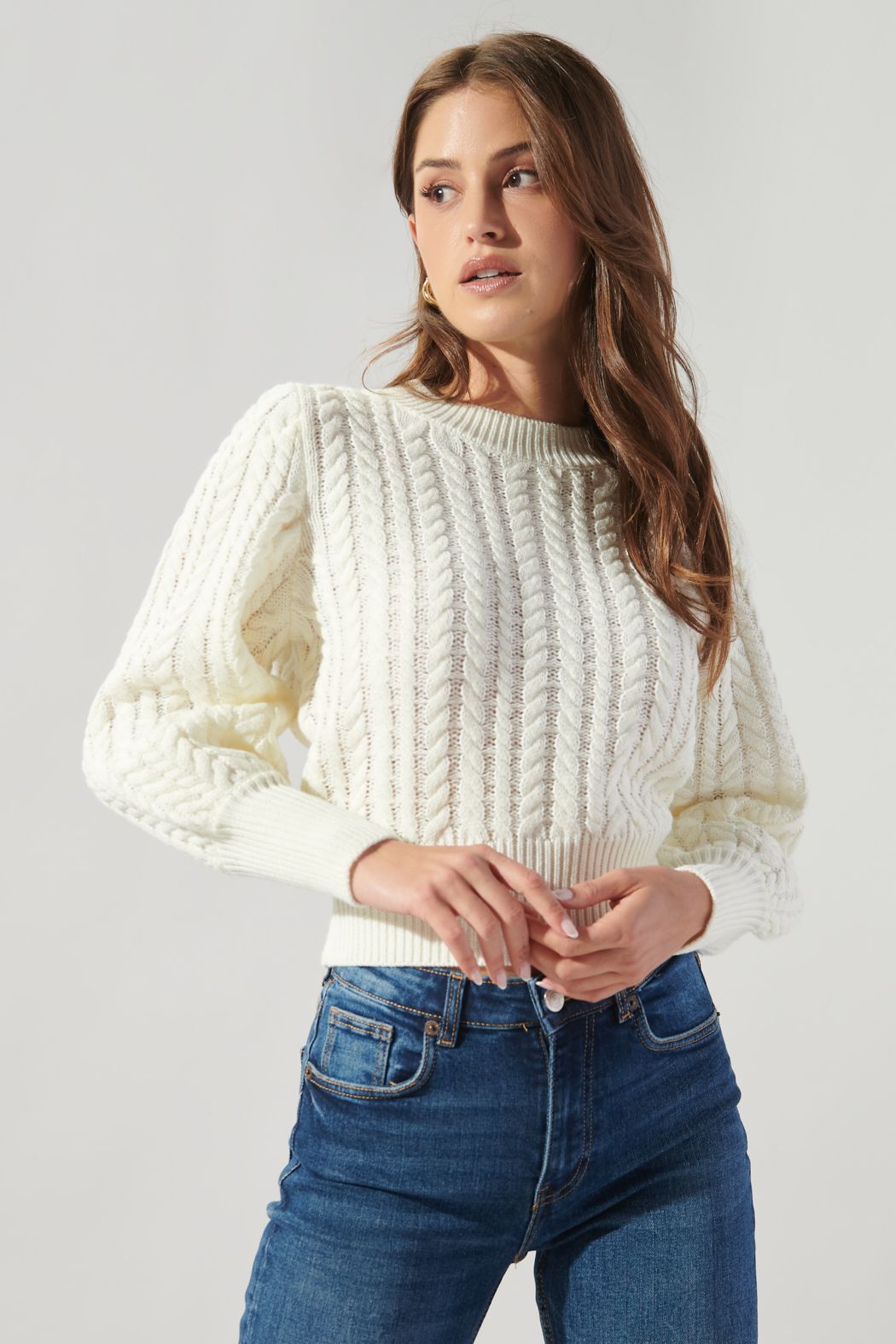 Ashtyn Cable Knit Balloon Sleeve Cropped Sweater - 592B