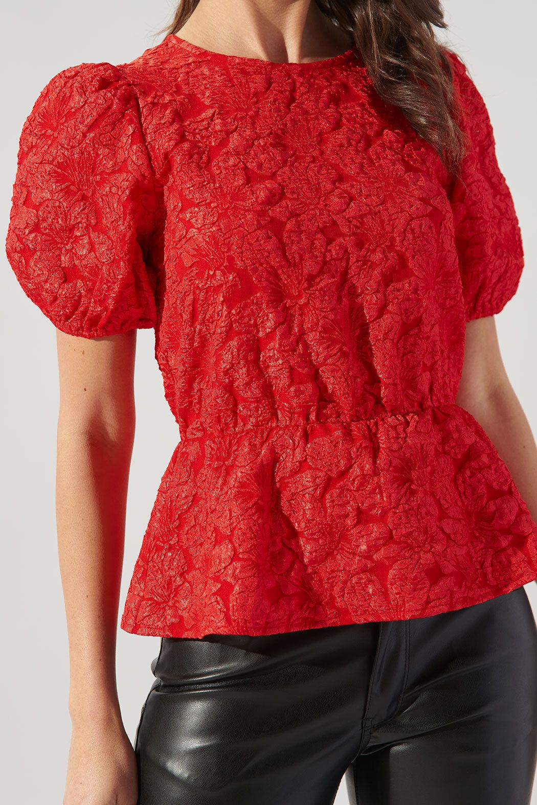 Nohemi Embossed Floral Puff Sleeve Peplum Top - A523