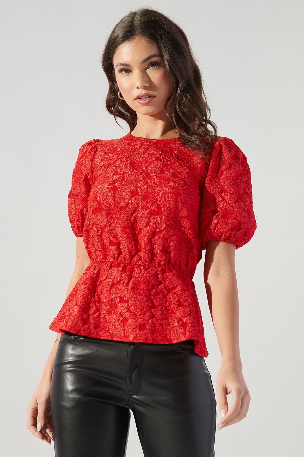 Nohemi Embossed Floral Puff Sleeve Peplum Top - A523