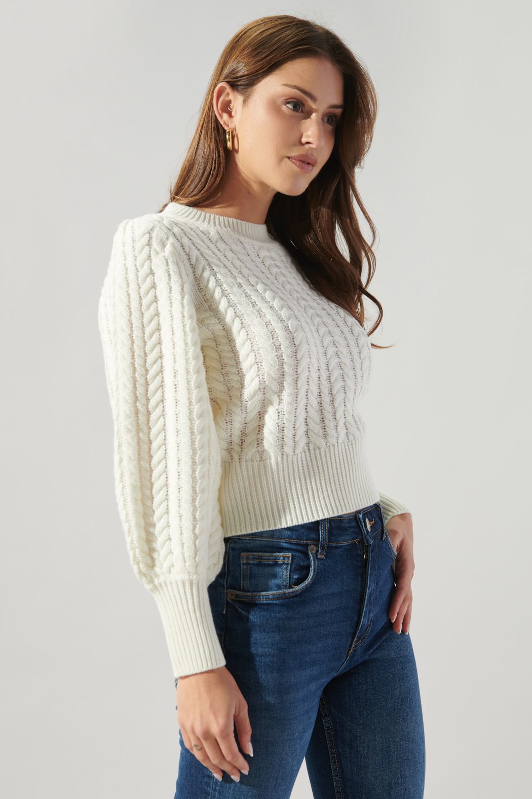 Ashtyn Cable Knit Balloon Sleeve Cropped Sweater - 592B