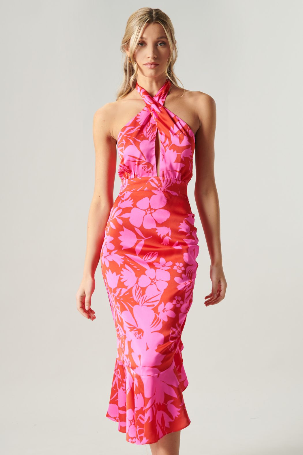 Zadie Floral Asymmetrical Ruched Midi Halter Dress - C409