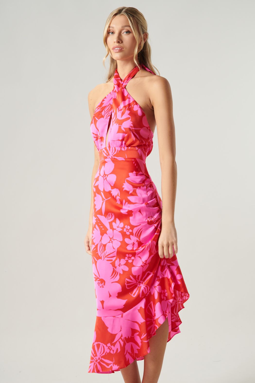 Zadie Floral Asymmetrical Ruched Midi Halter Dress - C409