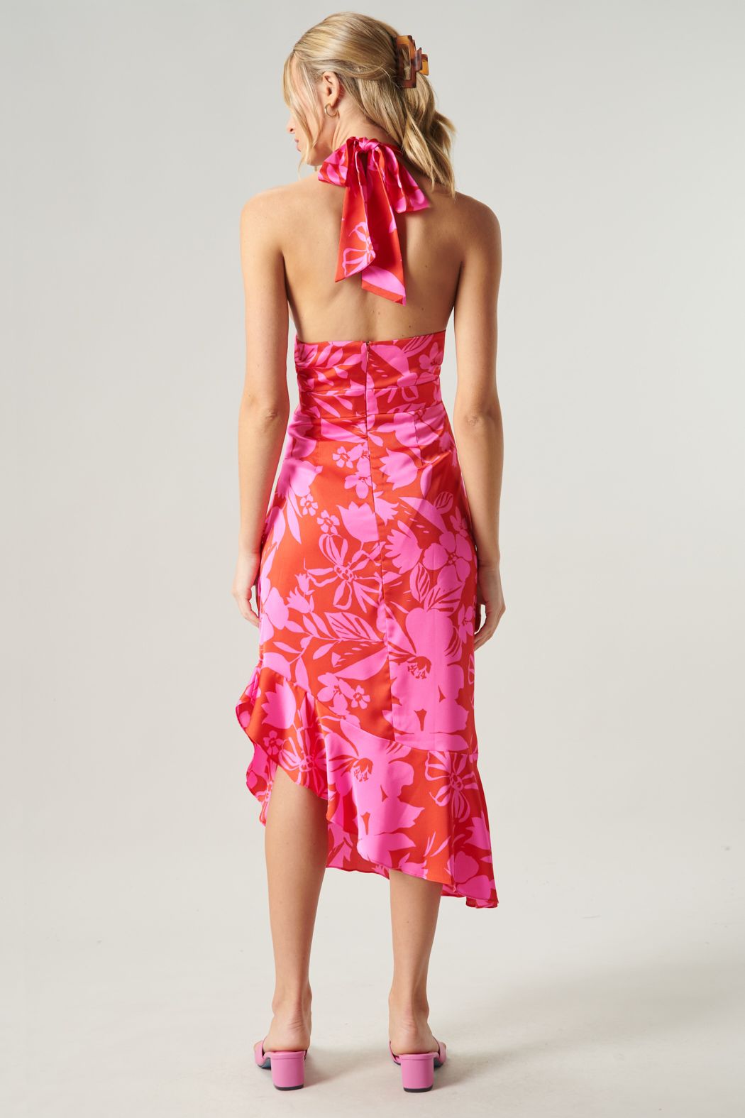 Zadie Floral Asymmetrical Ruched Midi Halter Dress - C409