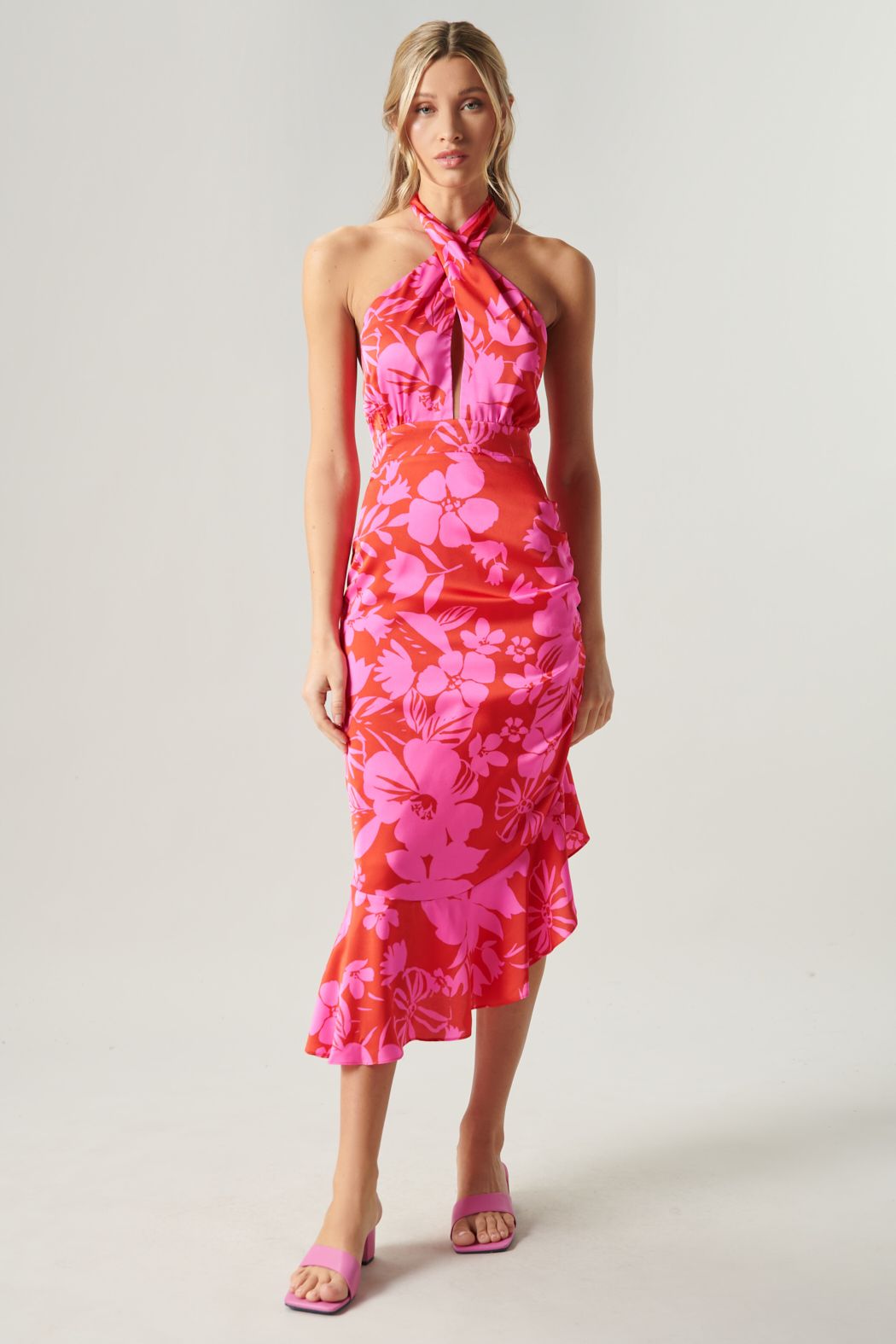 Zadie Floral Asymmetrical Ruched Midi Halter Dress - C409