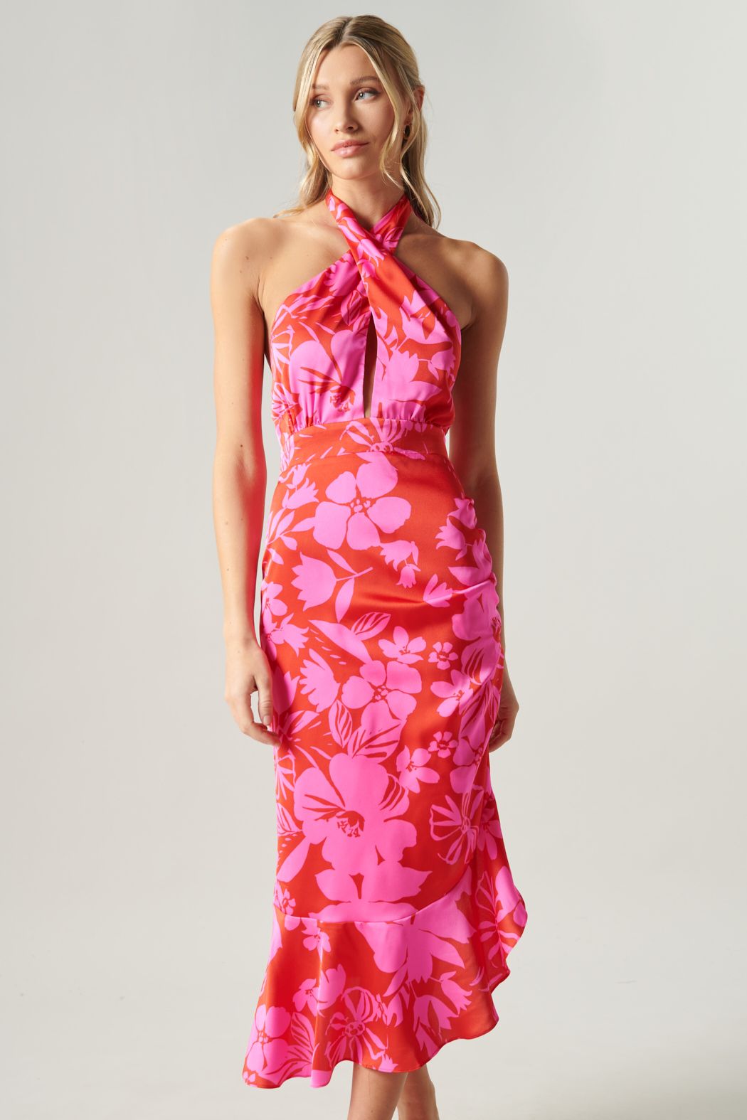 Zadie Floral Asymmetrical Ruched Midi Halter Dress - C409